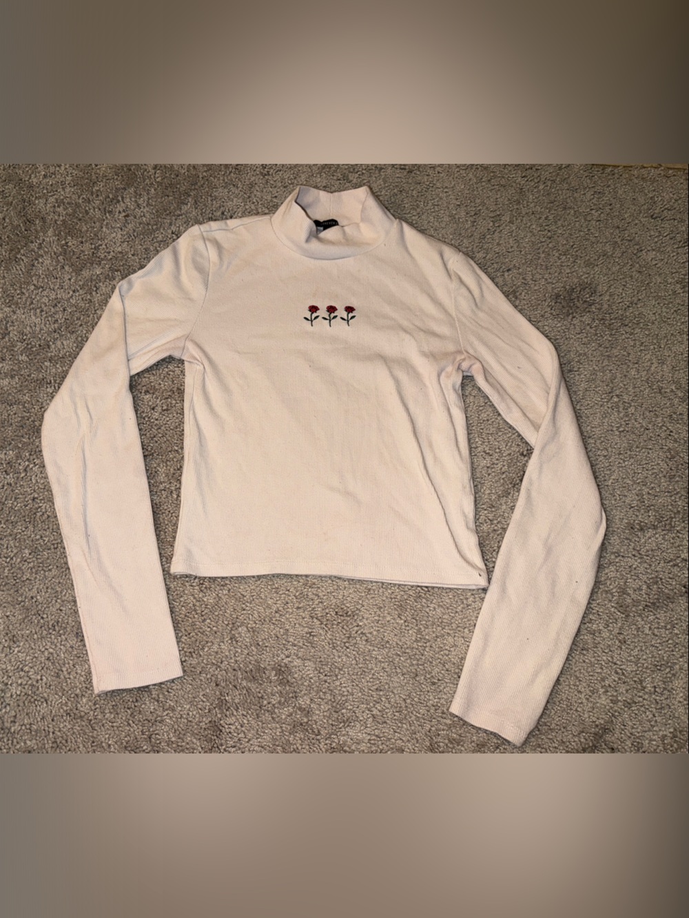 Forever 21 Cream Long Sleeve Mock Neck Tee with Red Rose Embroidery